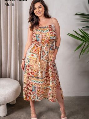 Plus-Size Multi-Color Printed Spaghetti Strap Midi Dress